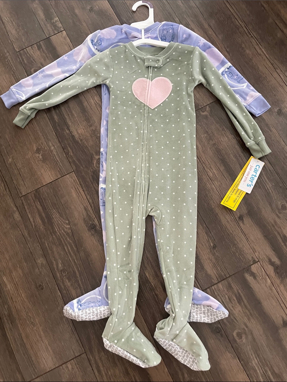 Carter's Sage Green Polka Dot Footed One-Piece with Pink Heart